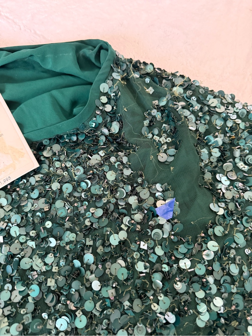 READ- Damaged St John Couture Heavy Dark Green Sequin Top Women's Material - Picture 7 of 9